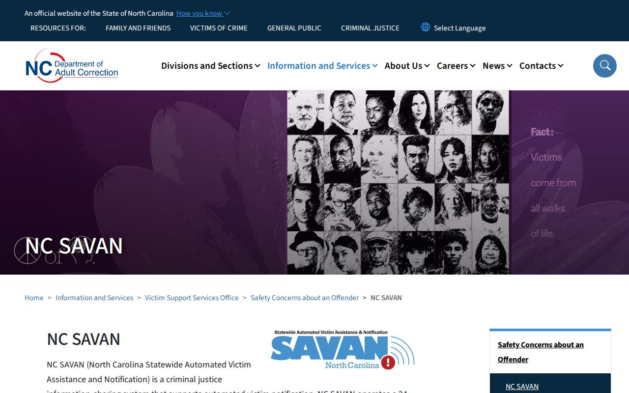 North Carolina SAVAN custody notification program page