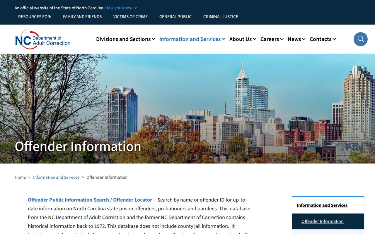 NCDAC offender search page noting county jail exclusion
