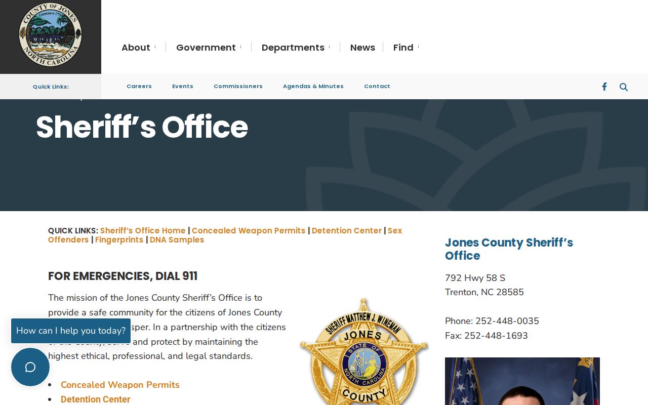 Jones County Sheriff's Office page with contact details and detention center link