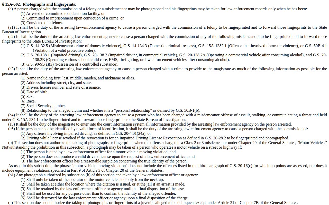 North Carolina General Statute 15A-502 identification photograph provisions