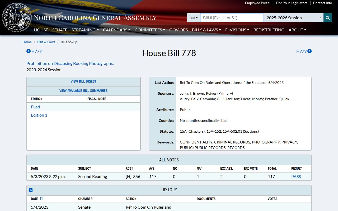 North Carolina House Bill 778 legislative history