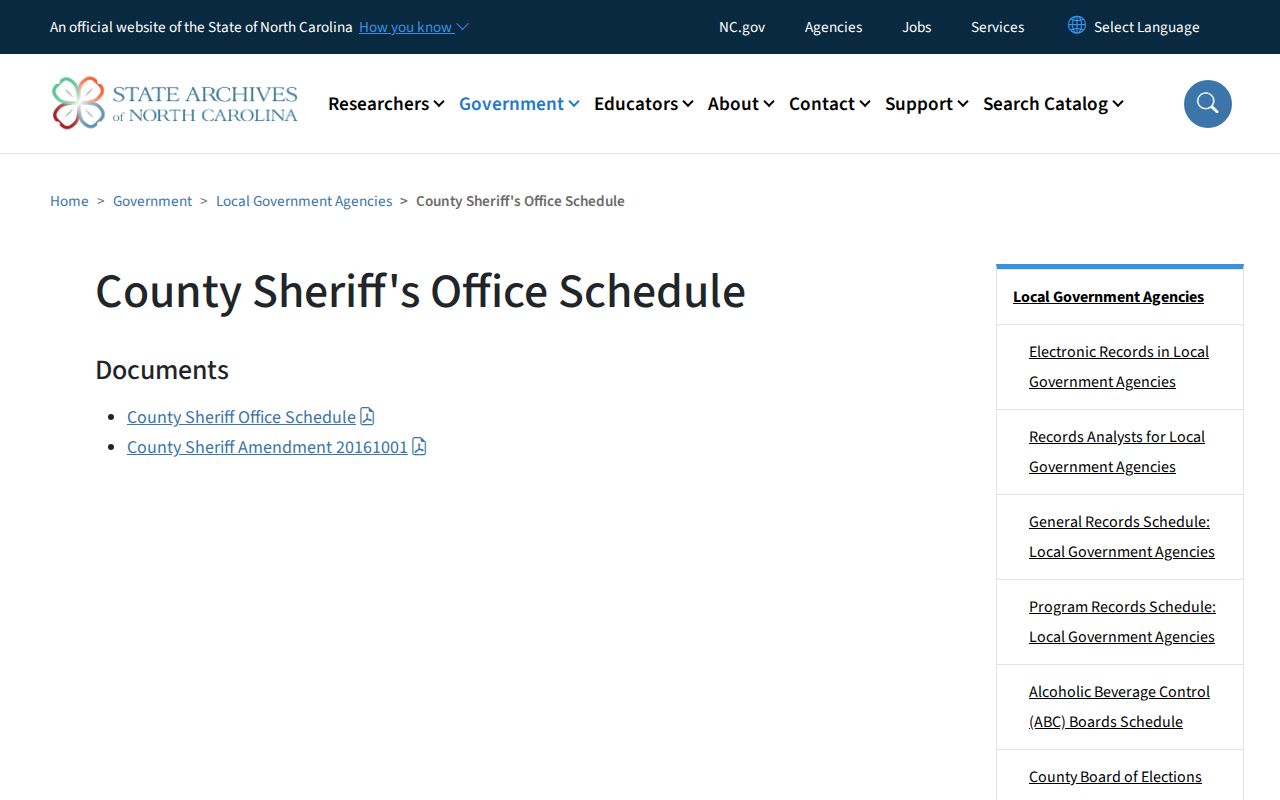 State Archives of North Carolina county sheriff records retention schedule page